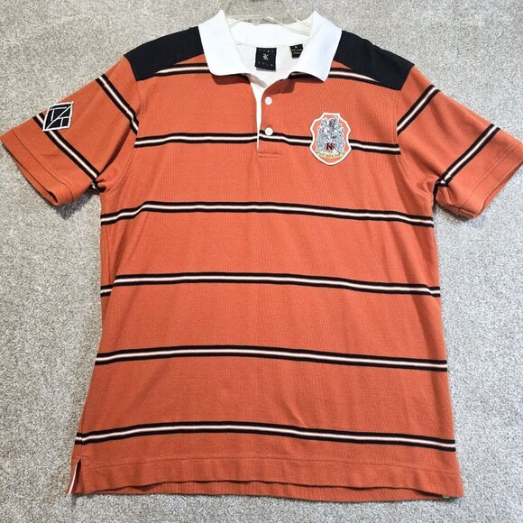 Kani Gold Polo Shirt Fitted Orange Striped Crest Patch Pullover Men's Size XL - Picture 1 of 11